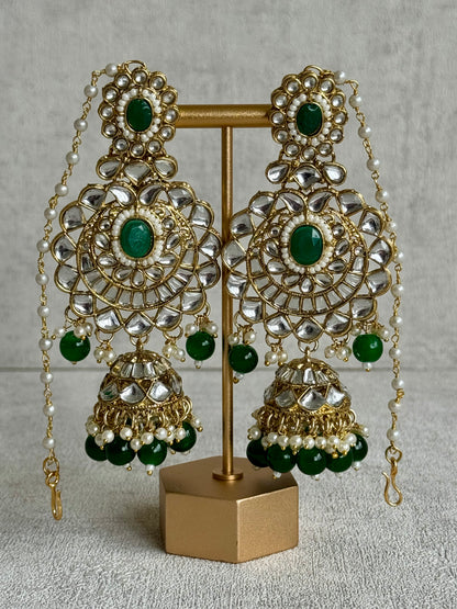 Ayura Designs Meherbano Bridal Set with Necklace, Jhumkis, Tikka, Nath, Ring & Sheeshphool – Jadau Kundan Craftsmanship with Mirror-Cut Polki, Emerald Green Stones & Antique Gold Finish