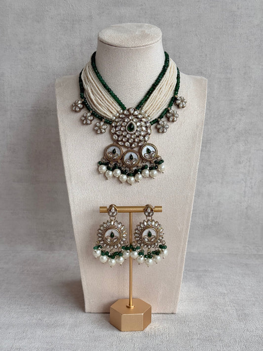 Ayura Designs Callie Set with Earrings – Emerald Green, Ivory Pearl & Jadau Detailing