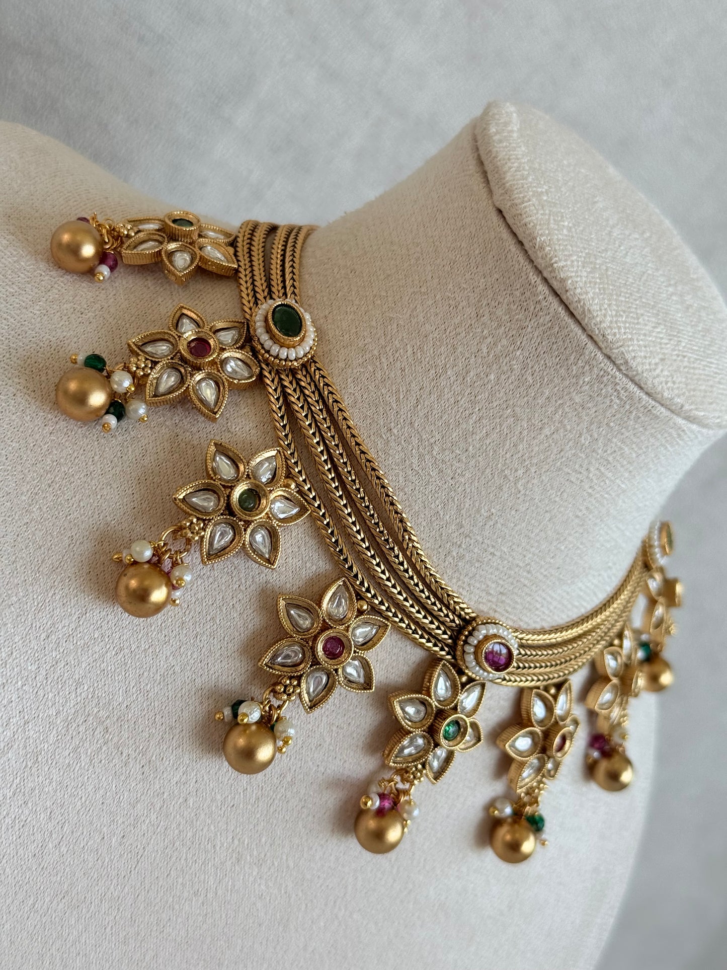 Ayura Designs Daksha Necklace Set with Earrings – Gold Layered Chain Necklace with Ruby Pink & Emerald Green Kundan Floral Motifs