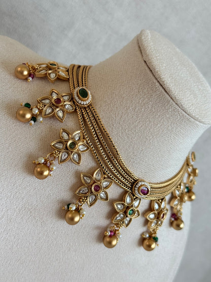 Ayura Designs Daksha Necklace Set with Earrings – Gold Layered Chain Necklace with Ruby Pink & Emerald Green Kundan Floral Motifs