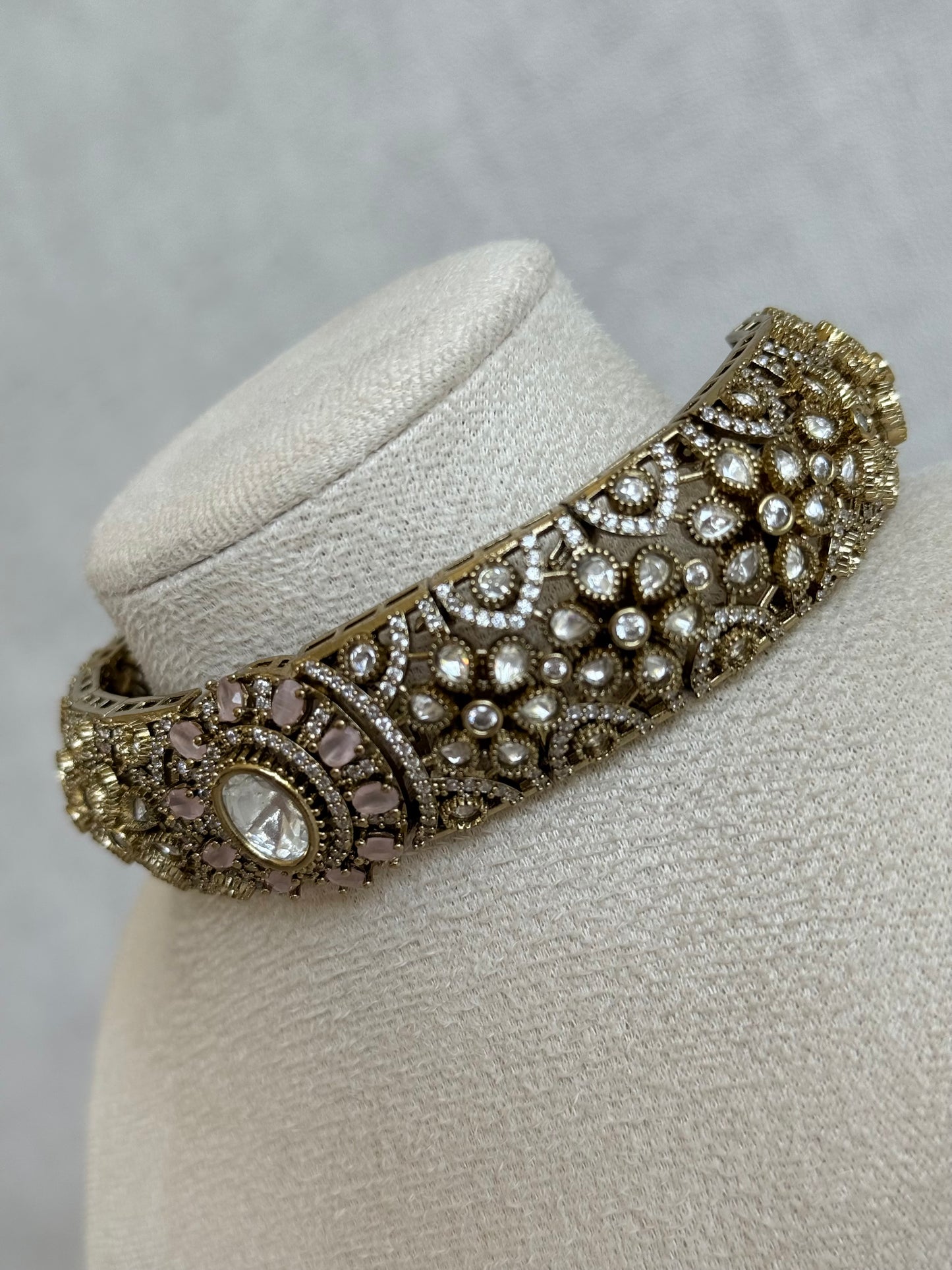 Ayura Designs Genevieve Choker Set with Studs – Blush Pink Crystal Kundan in Antique Gold