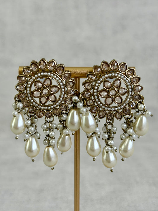 Ayura Designs Aynoor Lotus Ring Earrings – Antique Gold Finish with Mirror-Cut Stones & Pearl Drops