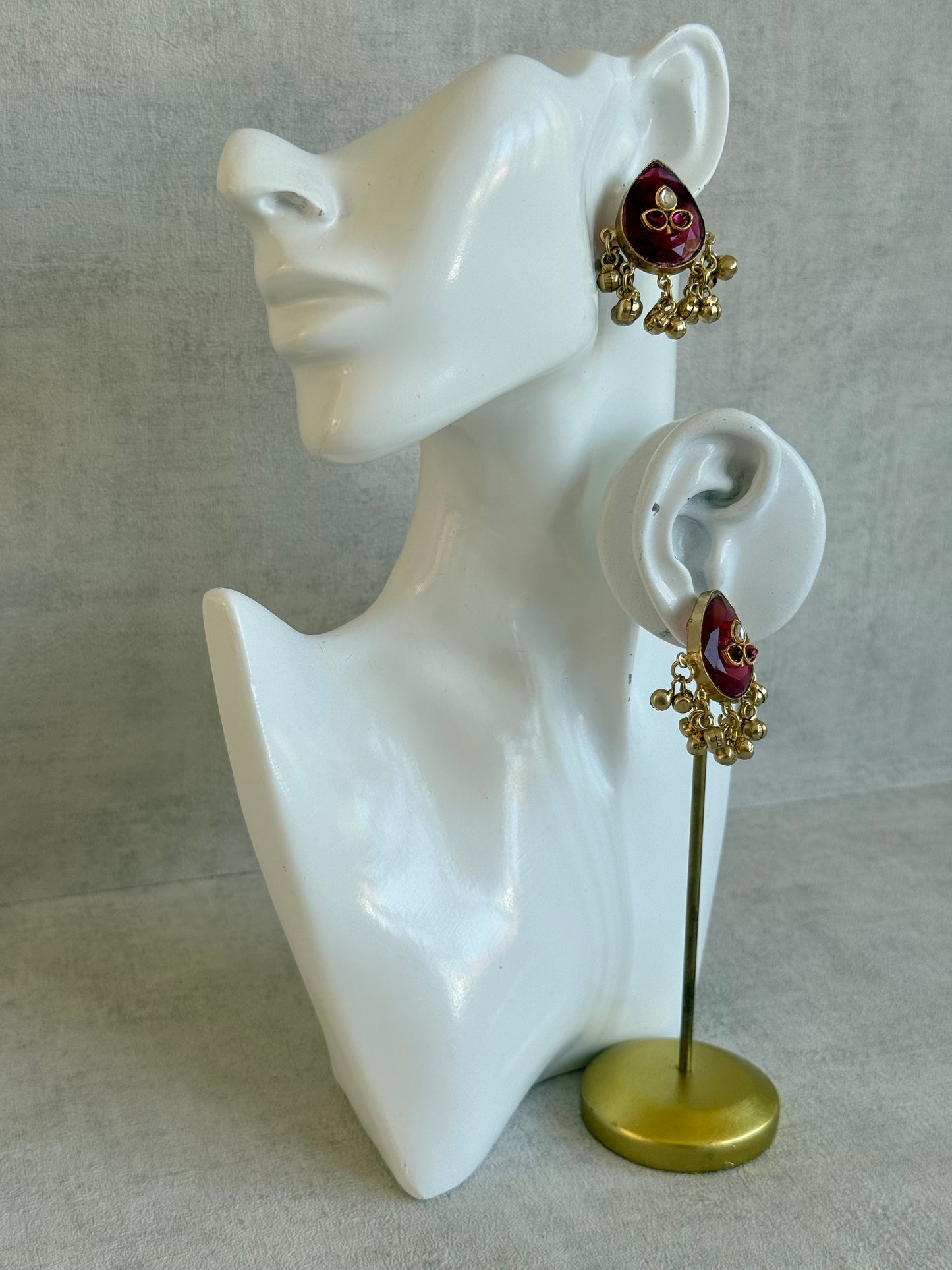 Ayura Designs Aykai Earrings – Ruby Pink Teardrop Stud Earrings with Clear Kundan Stones and Gold Ghungroo Drops