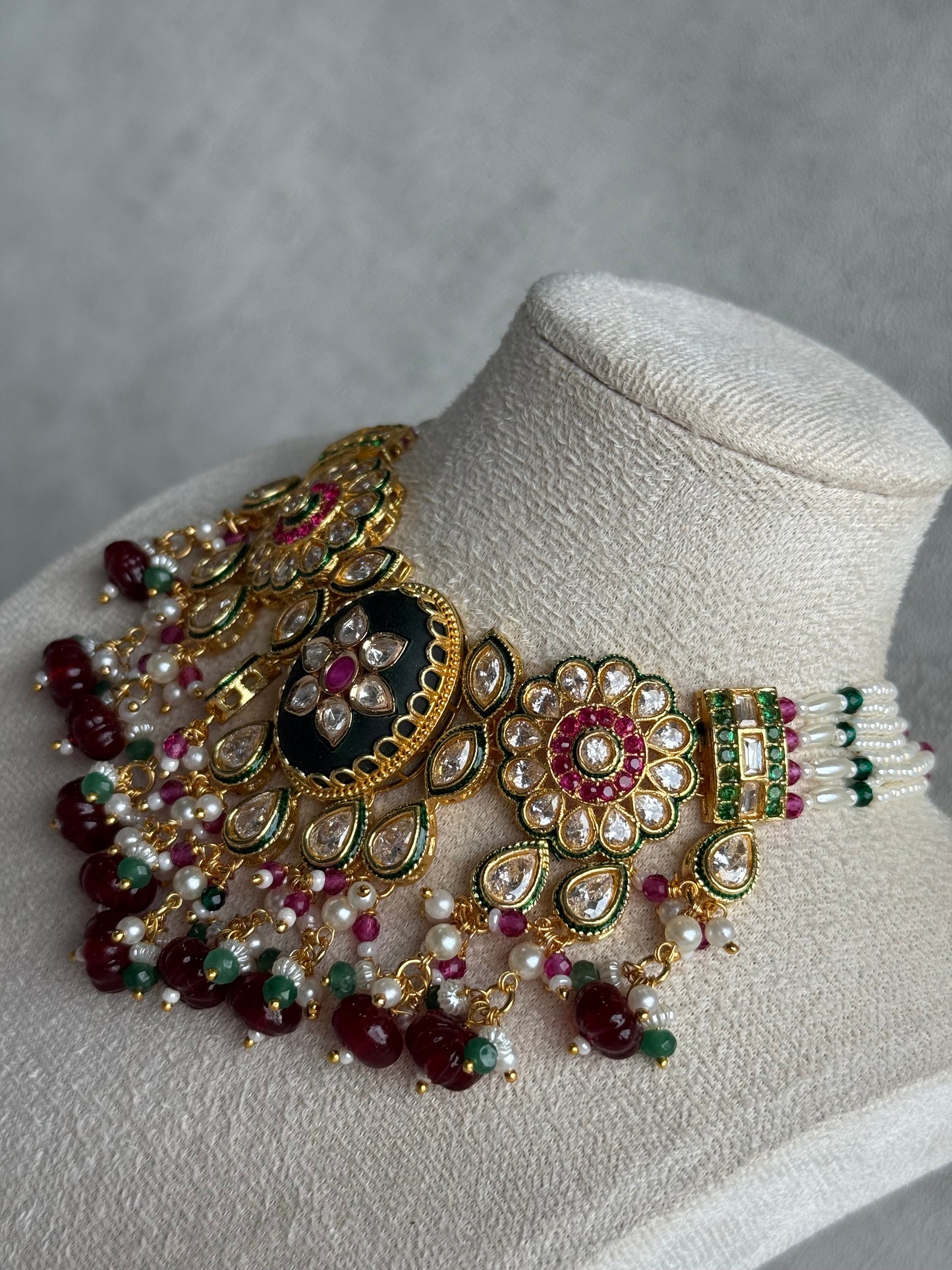 Ayura Designs Kavia Set – Necklace & Earrings with Kundan Stones, Green Enamel, Ruby & Emerald Beads, and Pearl Detailing