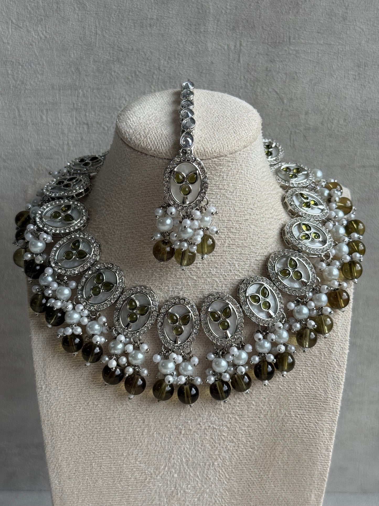 Ayura Designs Linza Set – Necklace, Earrings & Tikka in Olive Green & Pearl with Silver Finish