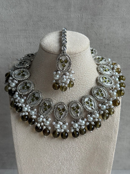 Ayura Designs Linza Set – Necklace, Earrings & Tikka in Olive Green & Pearl with Silver Finish