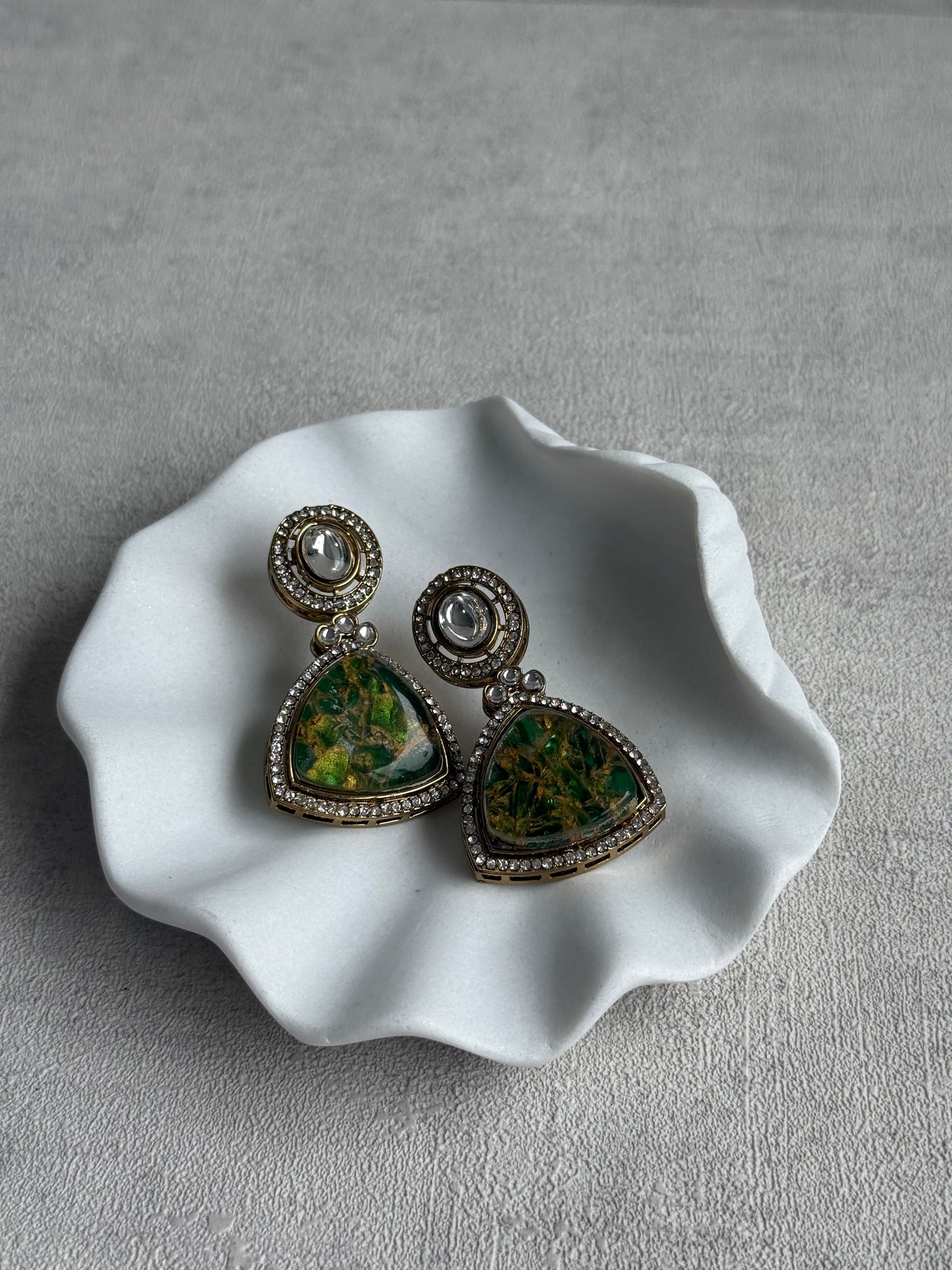 Ayura Designs Florence Earrings – mirror cut studs with Emerald Green Marble Resin & Crystal Borders