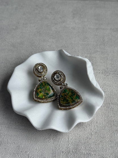 Ayura Designs Florence Earrings – mirror cut studs with Emerald Green Marble Resin & Crystal Borders