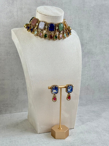 Ayura Designs Adelaide Necklace Set with Earrings – Multicolour Moissanite with Blue Stone Drop Earrings