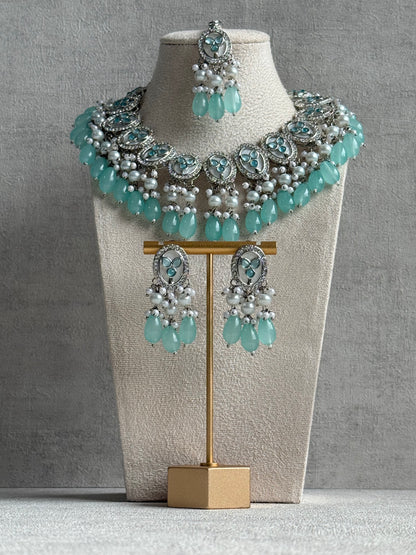 Ayura Designs Linza Set – Necklace, Earrings & Tikka in Aqua Blue & Pearl with Silver Finish