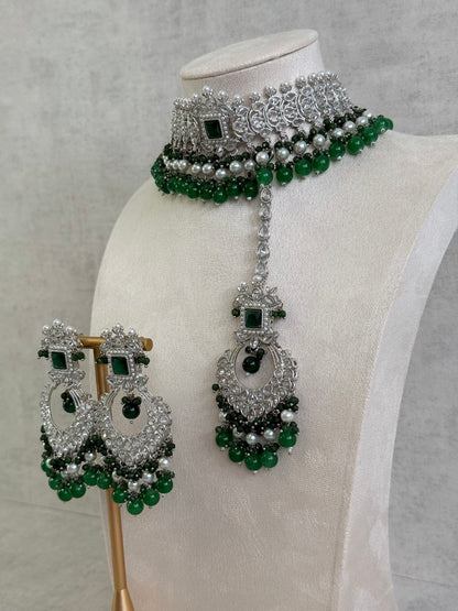 Ayura Designs Sarwat Choker Set – Emerald Green Stones, Ivory Pearl Drops & Antique Silver Finish
