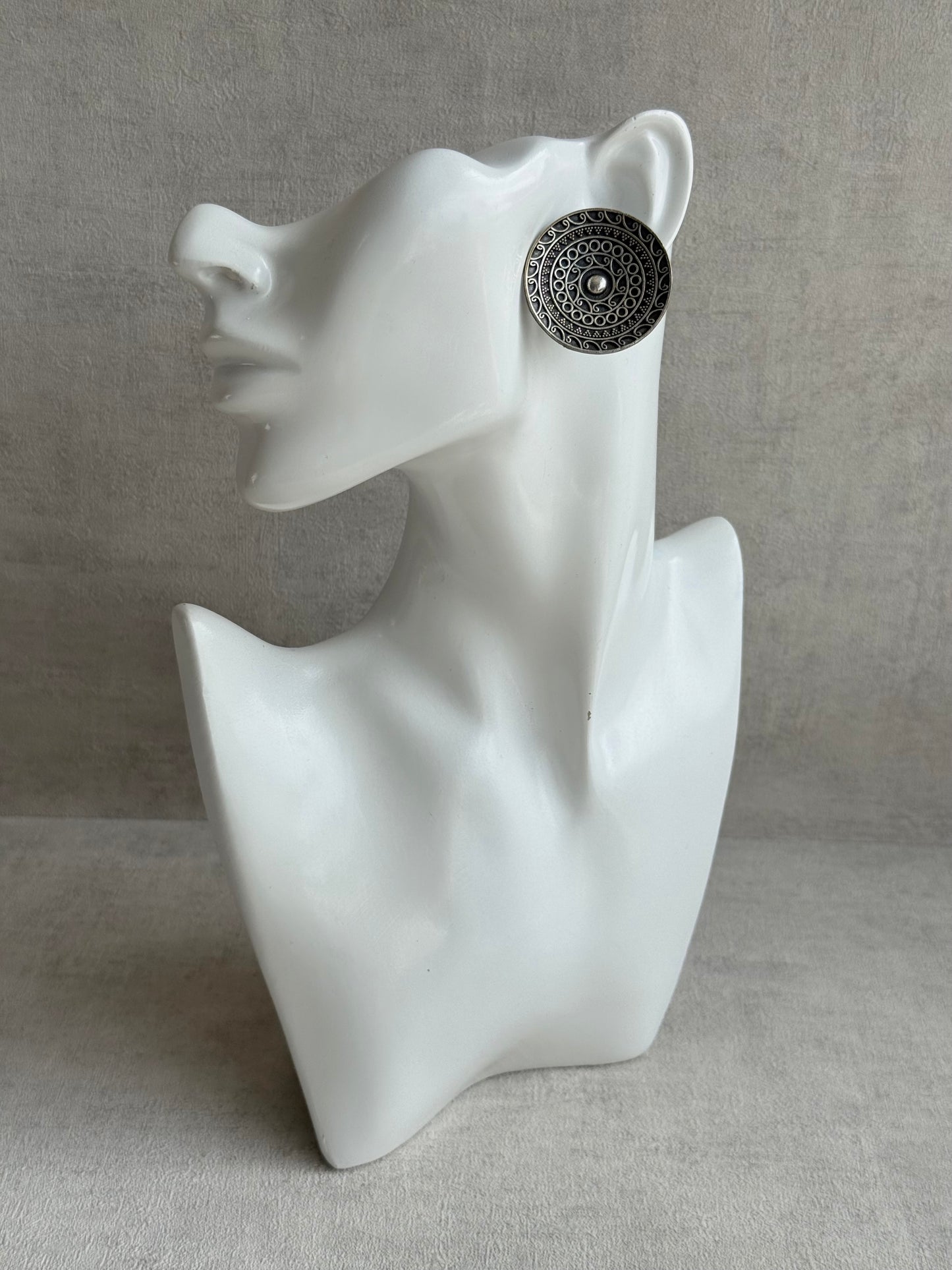 Ayura Designs Moksha Earrings – Oversized Oxidised Disc Stud Earrings with Intricate Cutwork Detailing