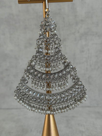 Ayura Designs Nia Jhoomar Passa – Antique Silver with Mirror-Cut Stones & Pearl Fringe Detailing