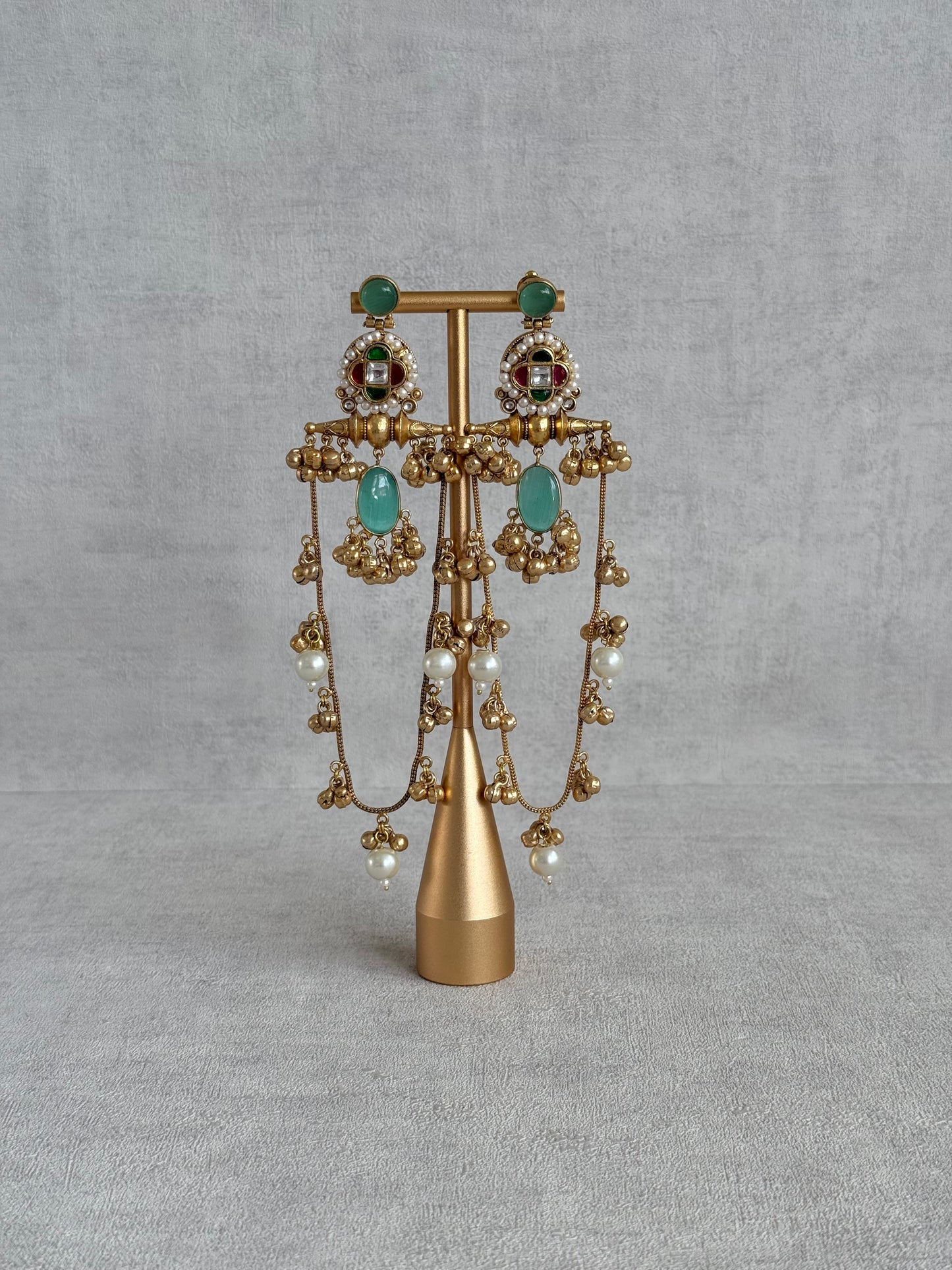 Ayura Designs Kashifa Earrings – Kashmiri Earrings with Mint Green Stone, Ghungroo Detailing & Pearl Drops