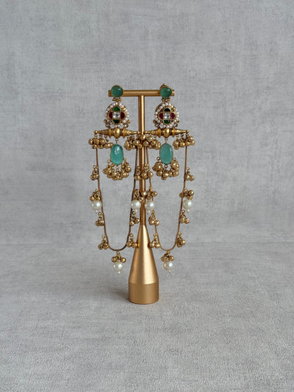 Ayura Designs Kashifa Earrings – Kashmiri Earrings with Mint Green Stone, Ghungroo Detailing & Pearl Drops