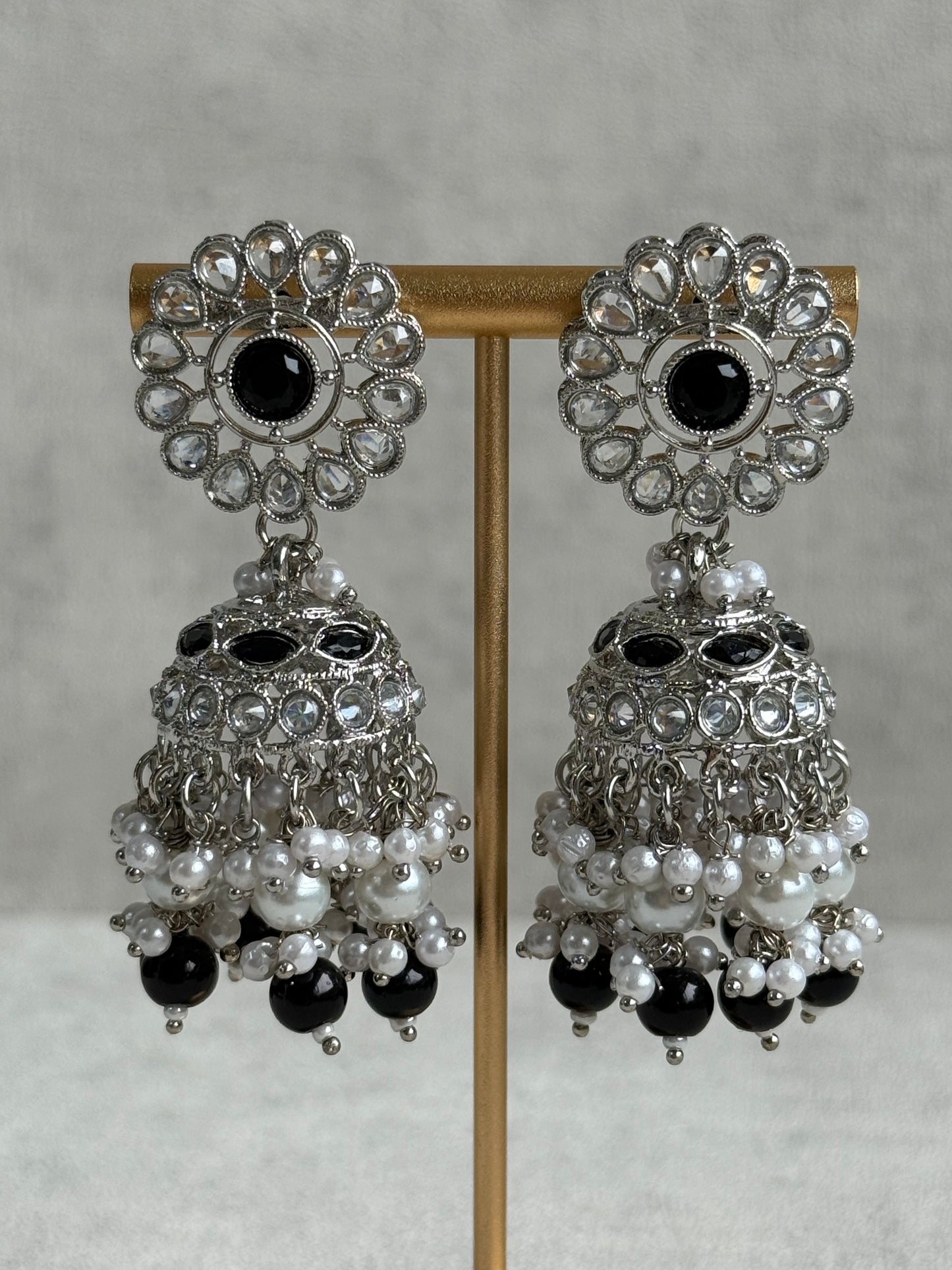 Ayura Designs Barira Set – Necklace, Jhumkis & Tikka with Black Stones, Pearls & Antique Silver Finish