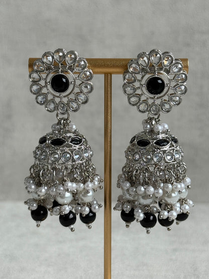 Ayura Designs Barira Set – Necklace, Jhumkis & Tikka with Black Stones, Pearls & Antique Silver Finish