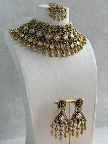 Ayura Designs Ehsaas Bridal Set with Earrings & Tikka – Kundan Stones, Pearls in Antique Gold Finish