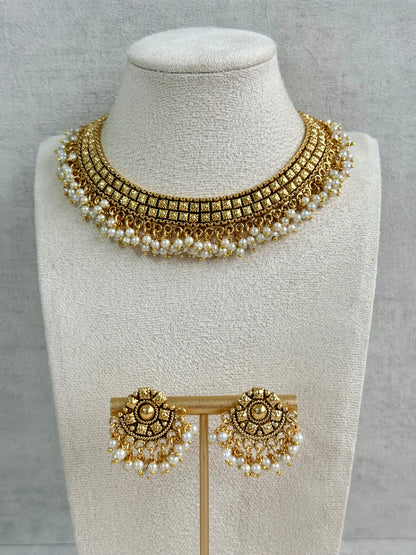 Ayura Designs Ranya Set – Antique Gold Necklace with Stud Earrings & Pearl Detailing