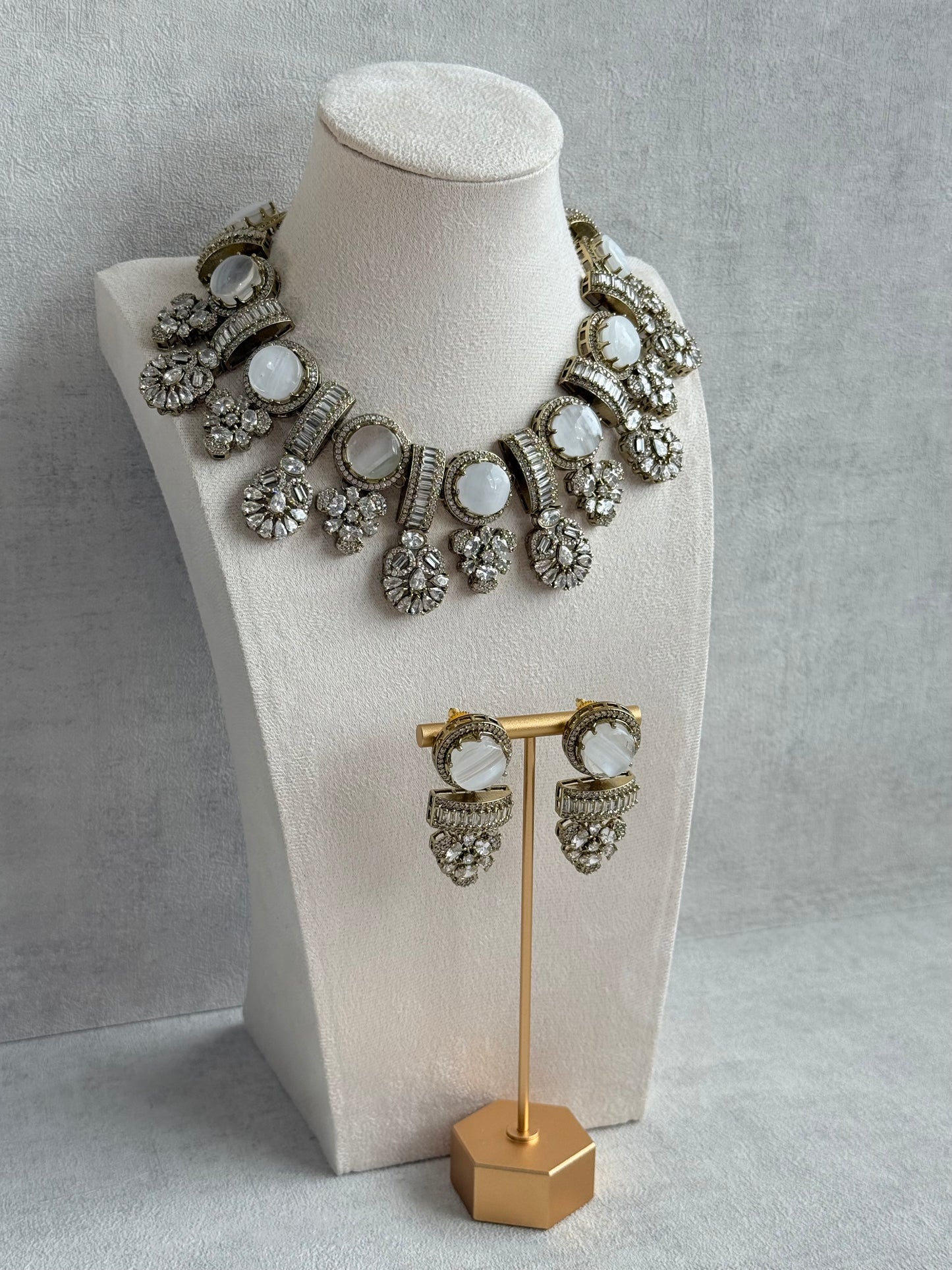 Ayura Designs Aabira Necklace Set with Earrings – White Marble Stones with Moissanite Style Detailing
