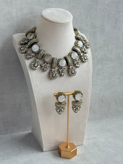 Ayura Designs Aabira Necklace Set with Earrings – White Marble Stones with Moissanite Style Detailing