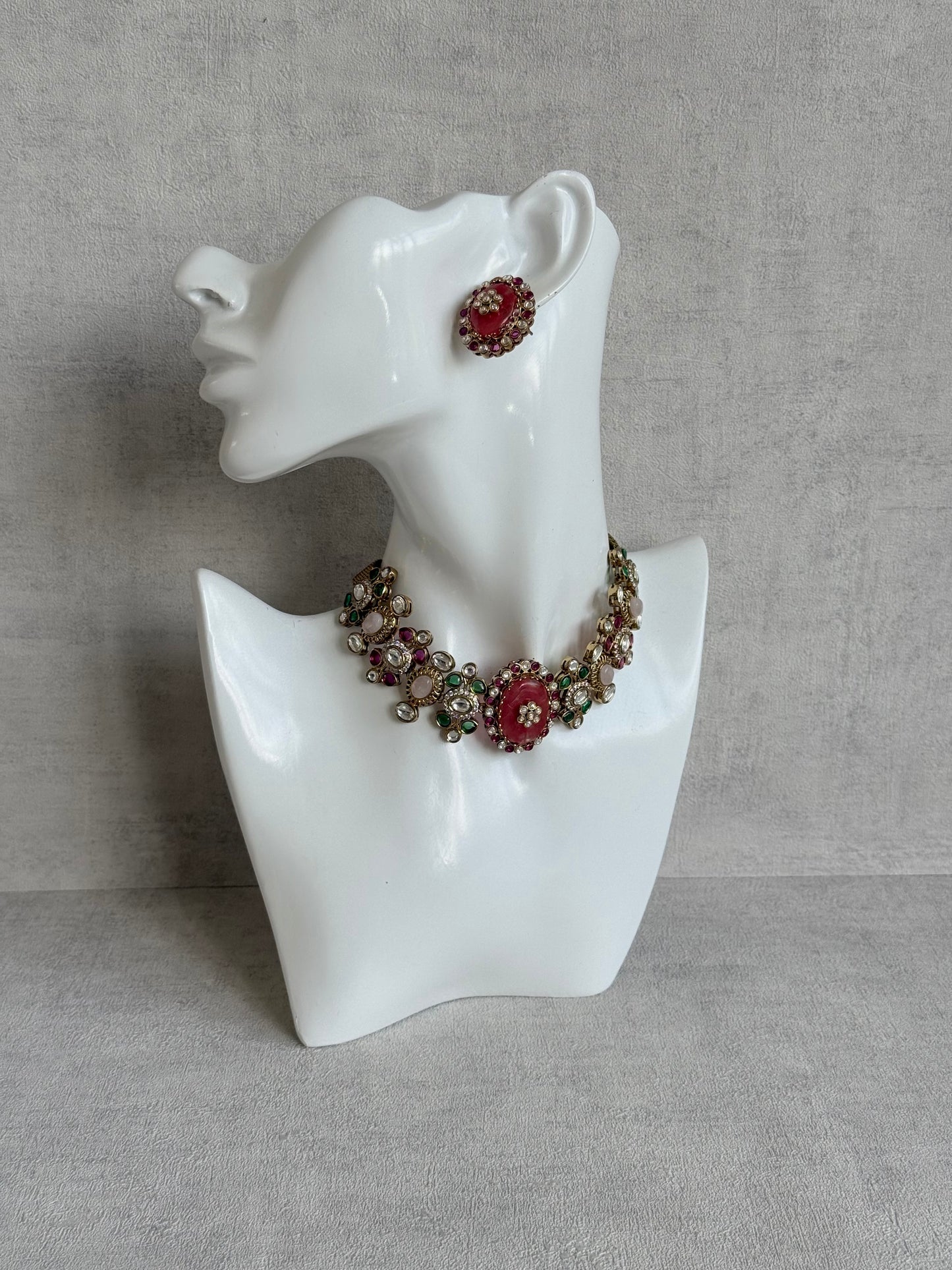 Ayura Designs Nova Necklace Set with Stud Earrings – Rose Pink Centre Stone, Kundan Detailing & Multicolour Gemstone Accents