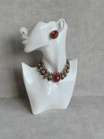 Ayura Designs Nova Necklace Set with Stud Earrings – Rose Pink Centre Stone, Kundan Detailing & Multicolour Gemstone Accents