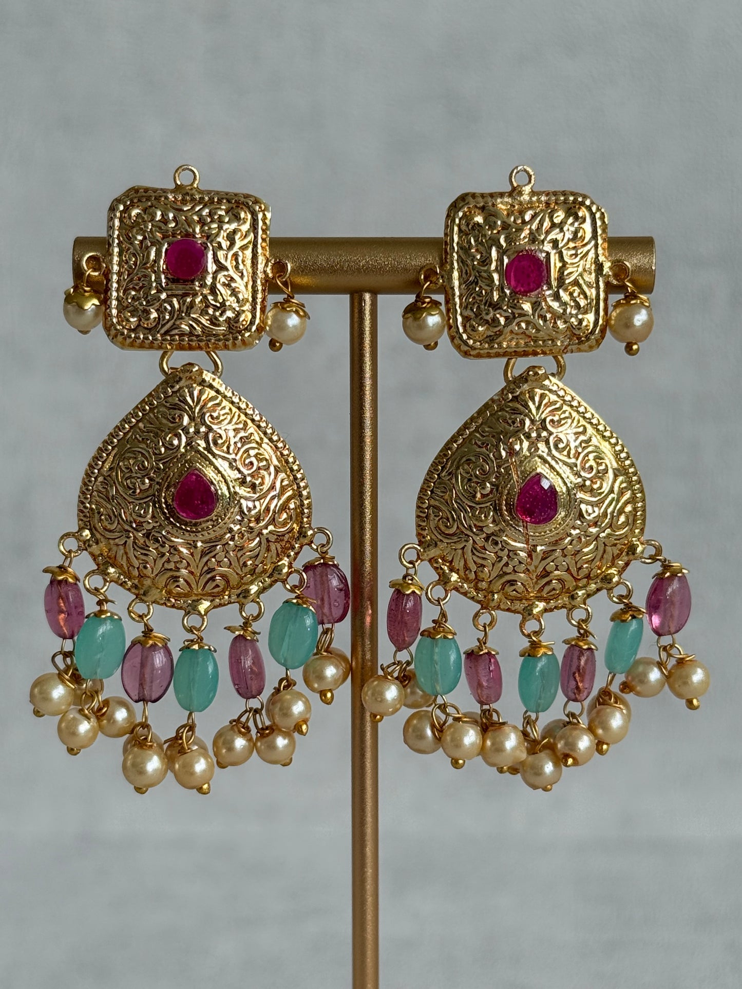 Ayura Designs Chetna Choker Set with Earrings & Tikka – Aqua & Rani Pink Beads, Cream Pearl Drops with Pipal Patti Detailing