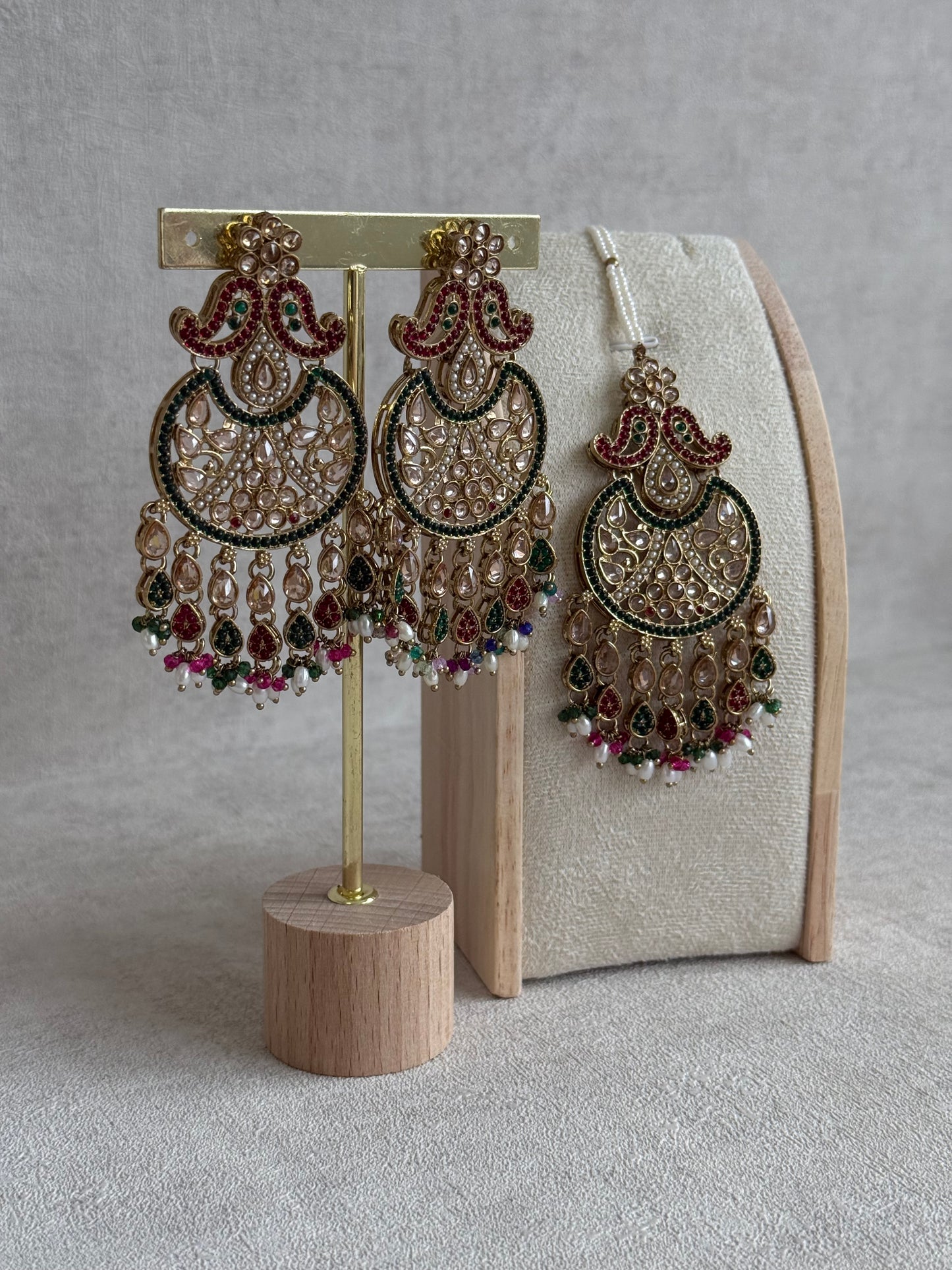 Ayura Designs Anvi Tikka Set with Earrings – Ruby Red & Emerald Green with Champagne Stones