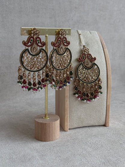 Ayura Designs Anvi Tikka Set with Earrings – Ruby Red & Emerald Green with Champagne Stones
