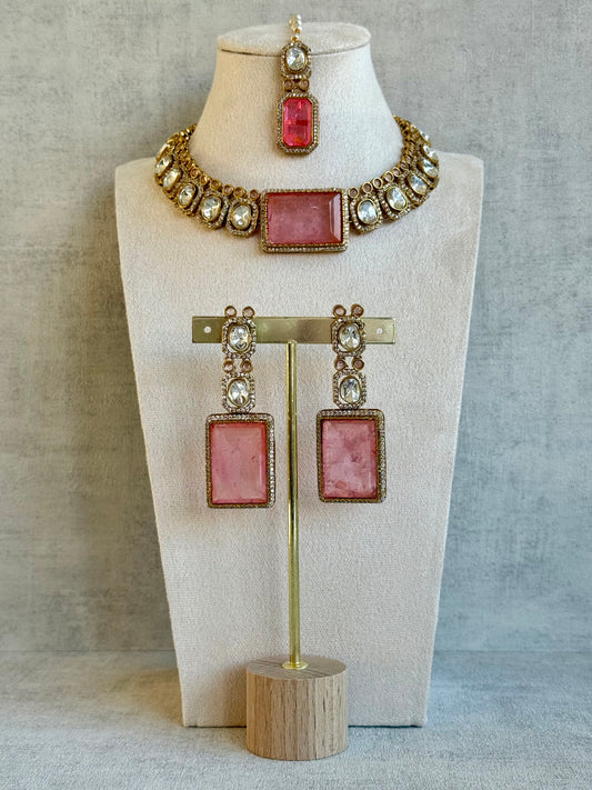 Ayura Designs Clara Set with Earrings and Tikka – Rose Quartz Pink Stones with Moissanite and Antique Gold Finish