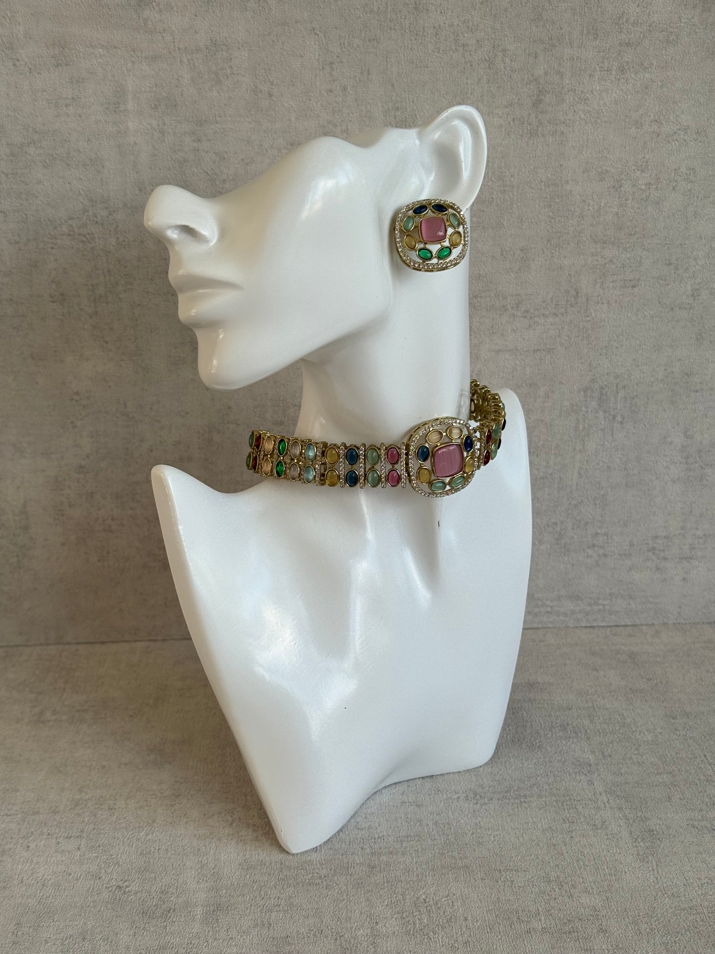 Ayura Designs Kiara Choker Set with Stud Earrings – Multicolour Stones, Moissanite Brilliance & Antique Gold Finish