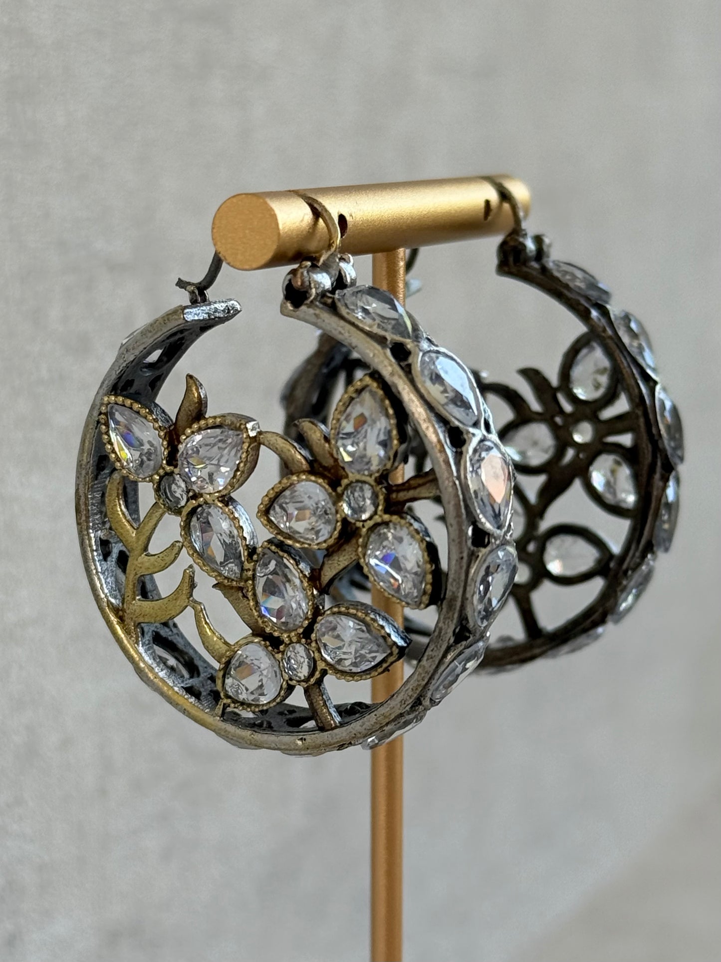 Ayura Designs Nureh Earrings – Dual Tone Floral Hoop Earrings with Crystal Stones & Cutwork Detailing