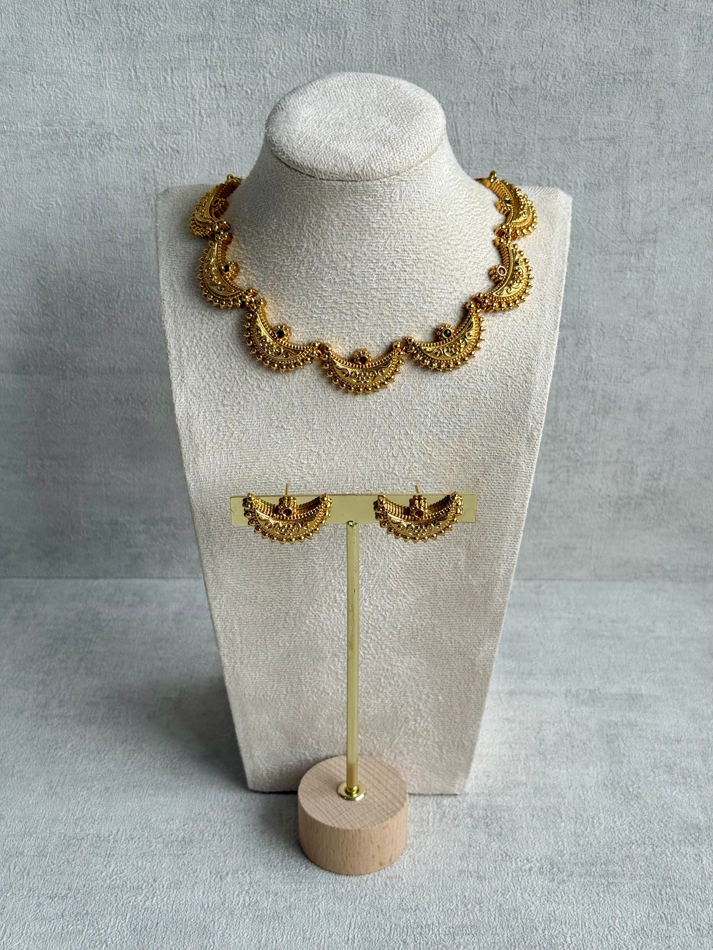 Ayura Designs Dhun Set – Necklace & Earrings with Antique Gold Crescent Motifs, Rani Pink & Emerald Detailing