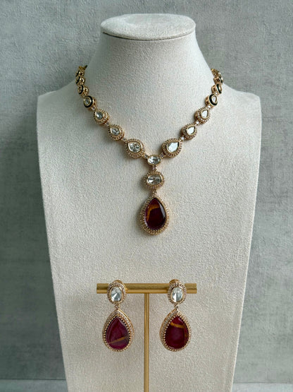 Ayura Designs Lilly Set with Necklace & Earrings – Burnt Crimson Marble Stones, Mirror-Cut Accents & Antique Gold Finish