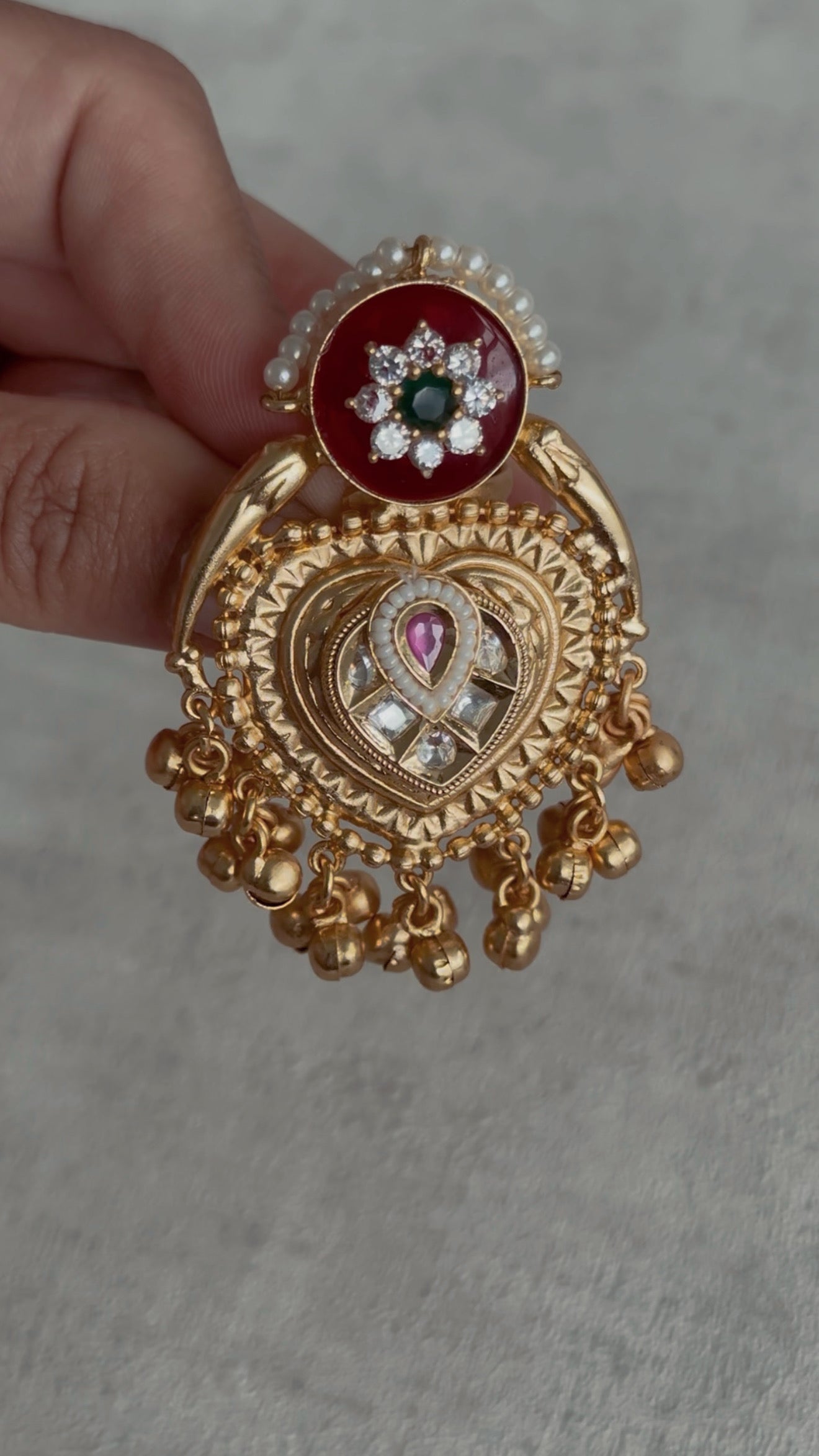 Ayura Designs Sorcha Adjustable Ring – Ruby Red Enamel, Pearl Detailing, Antique Gold & Mirror-Cut Stones