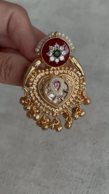 Ayura Designs Sorcha Adjustable Ring – Ruby Red Enamel, Pearl Detailing, Antique Gold & Mirror-Cut Stones