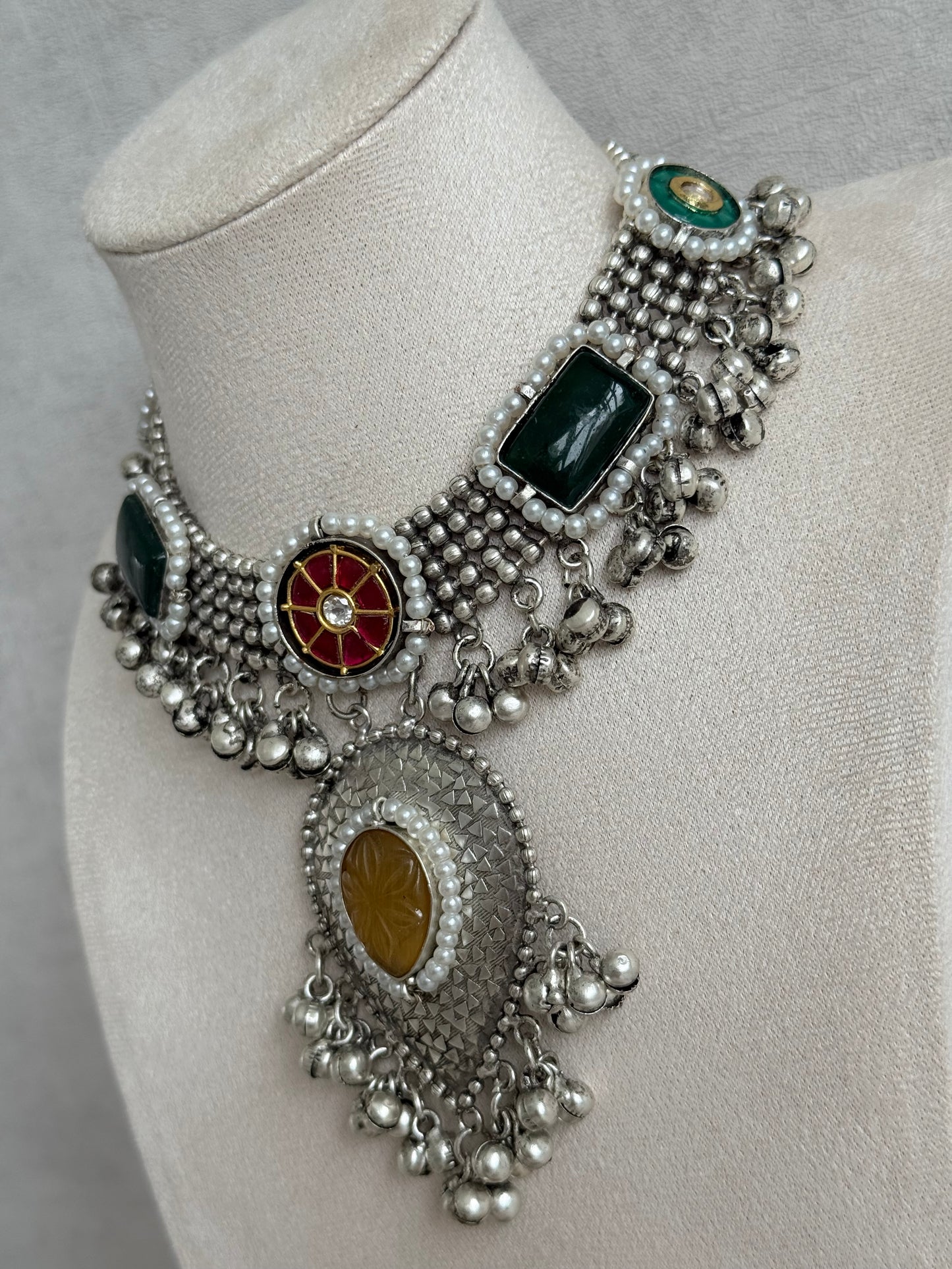 Ayura Designs Izel Necklace Set with Jhumkis – Oxidised Silver Statement Necklace with Multicolour Stones & Ghungroo Detailing
