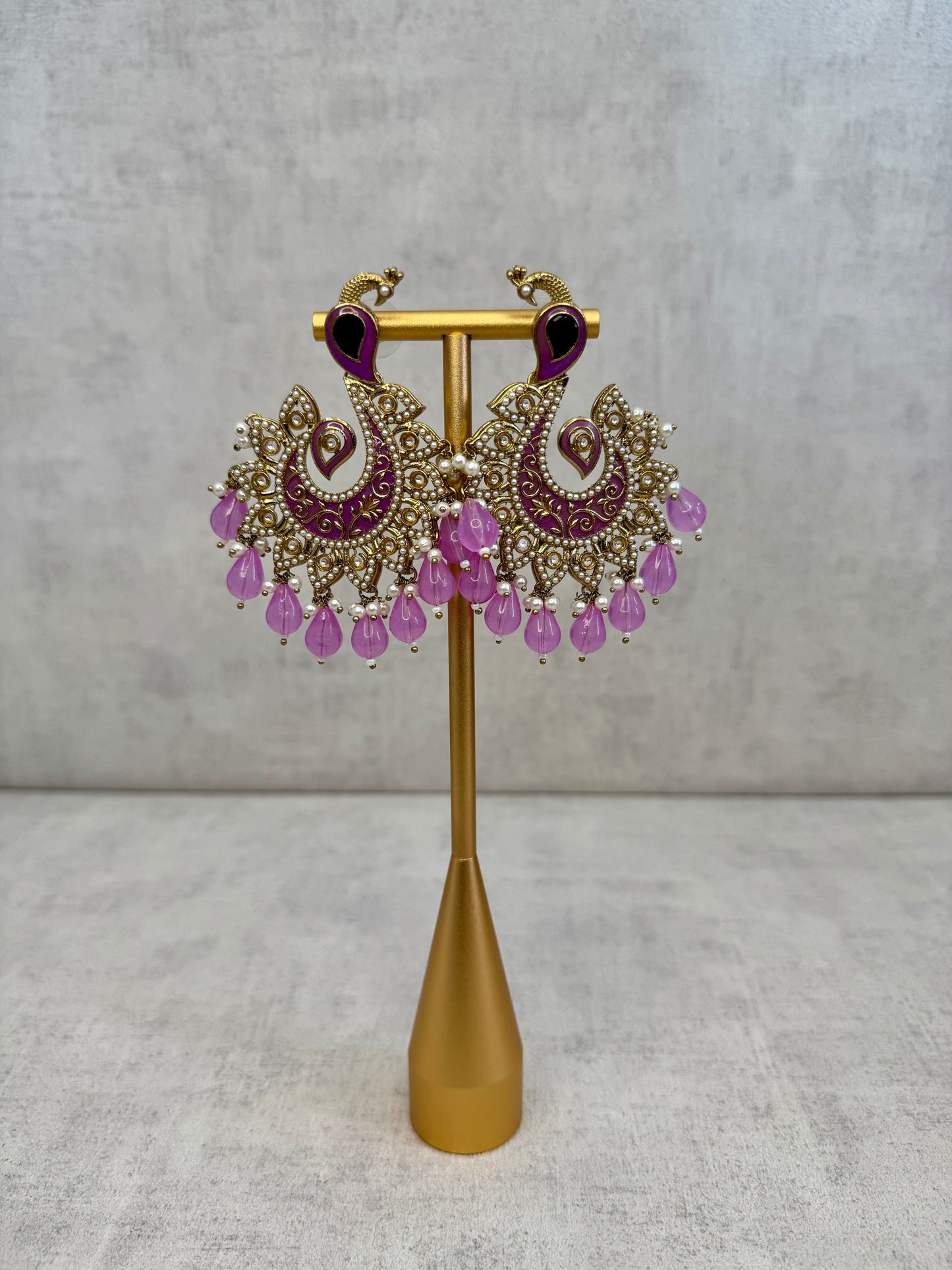 Ayura Designs Moorni Earrings – Peacock-Inspired Chandbalis with Lavender Meenakari, Kundan, and Pearl Accents