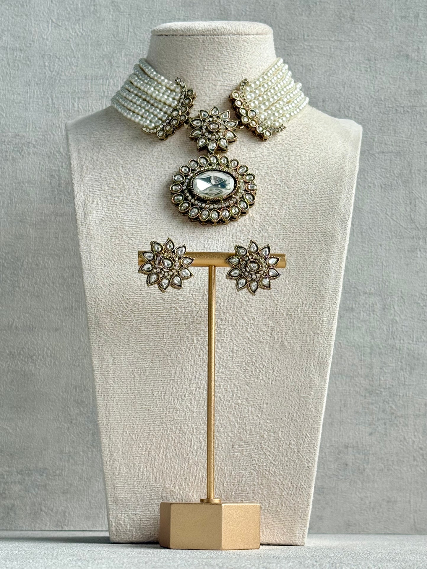 Ayura Designs Amaya Necklace Set with Studs – Antique Finish in Crystal Stones with Pearl Strands