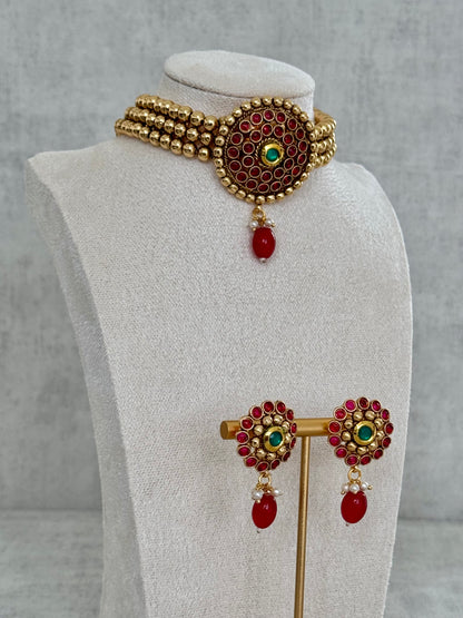 Ayura Designs Ziya Set – Gold, Ruby Red & Emerald Green with Stud Earrings