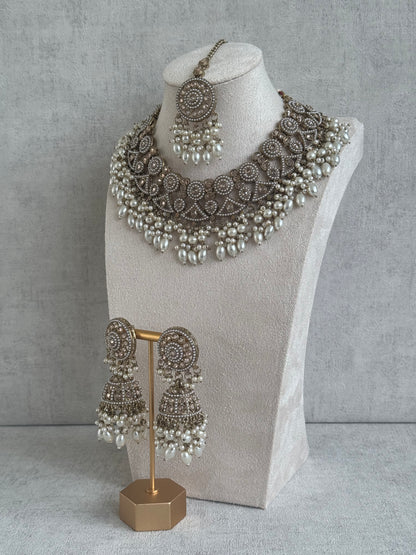 Ayura Designs Noorza Set with Jhumkis and Tikka – Pearl White Stones, Antique Gold & Polki Finish