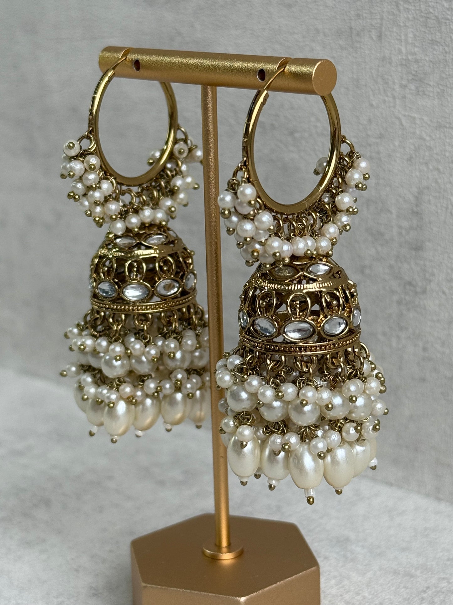 Ayura Designs Jugni Jhumkis – Antique Gold Balis with Pearl Clusters & Kundan Detailing