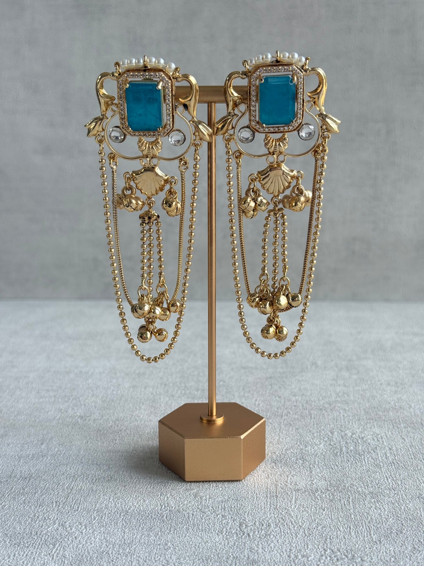 Ayura Designs Jaid Earrings – Aqua Blue Floral Motif with Layered Chains & Ghungroos