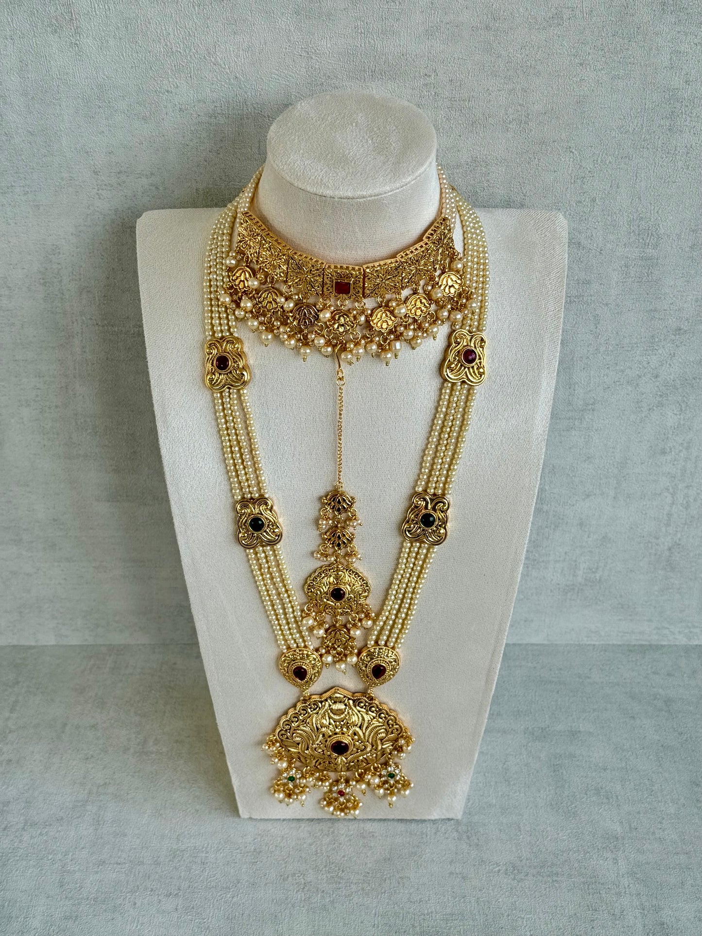 Ayura Designs Maharani Bridal Set with Choker, Haar, Earrings & Tikka – Antique Gold with Pink Stones & Pearl Detailing