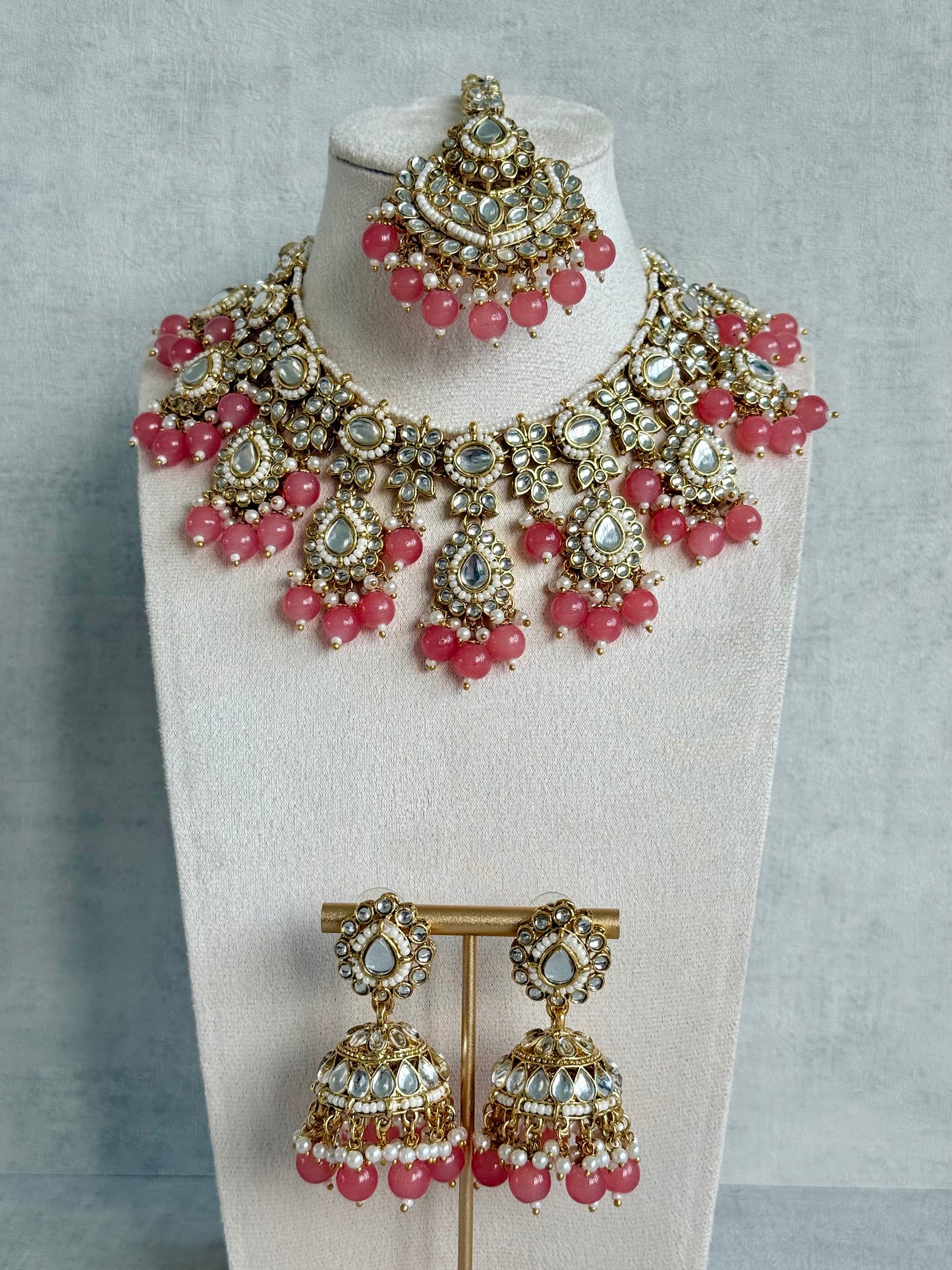 Ayura Designs Iyla Set with Necklace, Earrings & Tikka – Kundan Detailing, Ivory Pearl Drops & Peach Beads