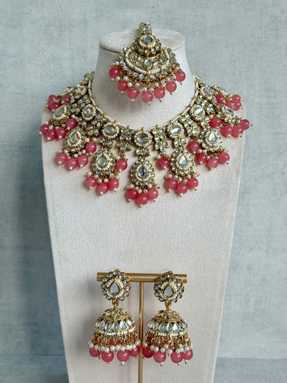 Ayura Designs Iyla Set with Necklace, Earrings & Tikka – Kundan Detailing, Ivory Pearl Drops & Peach Beads