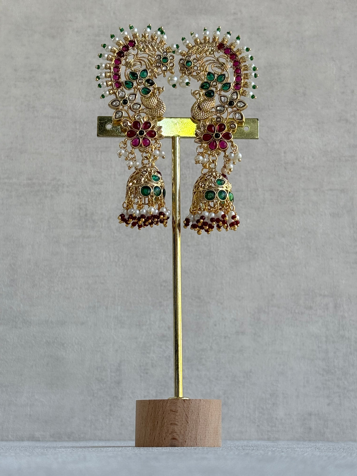 Ayura Designs Nitya Kaanphool Jhumkis – Gold Half Ear Cuff Earrings, Peacock Motifs, Pink & Emerald Green Kundan, Pearl Drops & Sahare