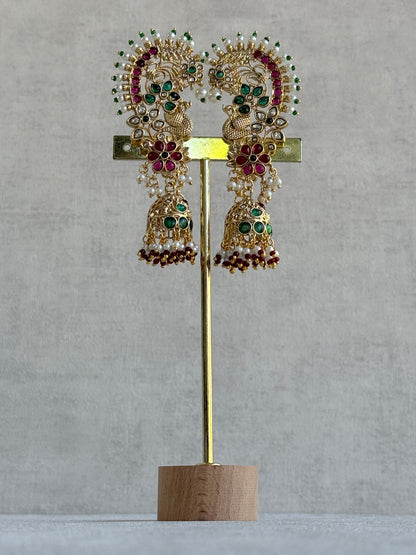 Ayura Designs Nitya Kaanphool Jhumkis – Gold Half Ear Cuff Earrings, Peacock Motifs, Pink & Emerald Green Kundan, Pearl Drops & Sahare