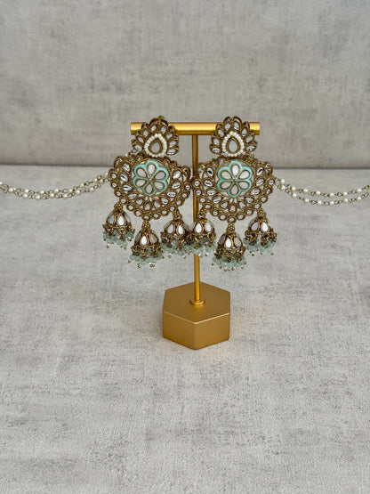 Ayura Designs Issa Earrings – Opulent Gold & Sahare Chandbali Jhumkas with Mint Green Enamel, Polki Kundan & Pearl Elegance